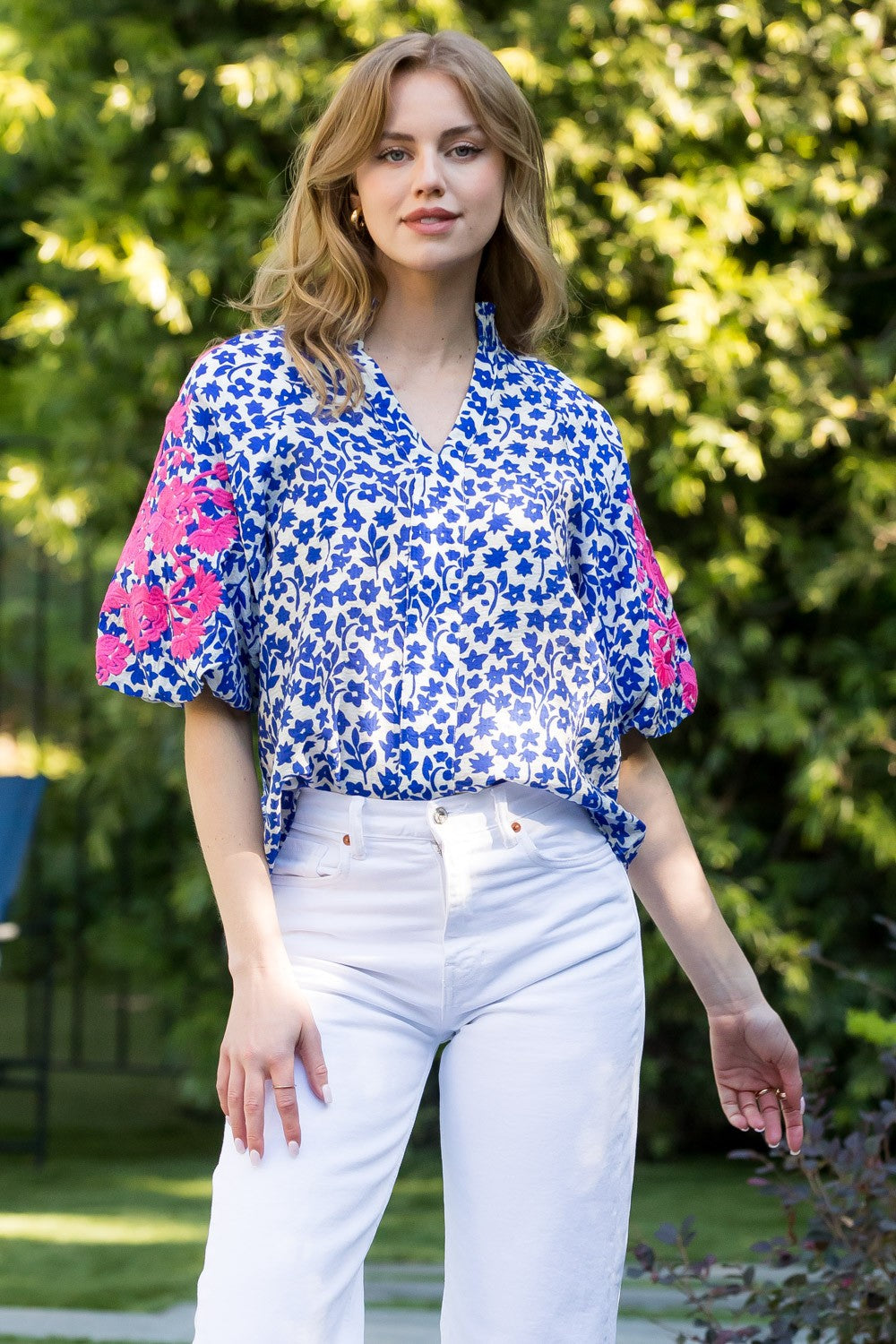 The Daffodil, Embroidered Puff Sleeve Print Top