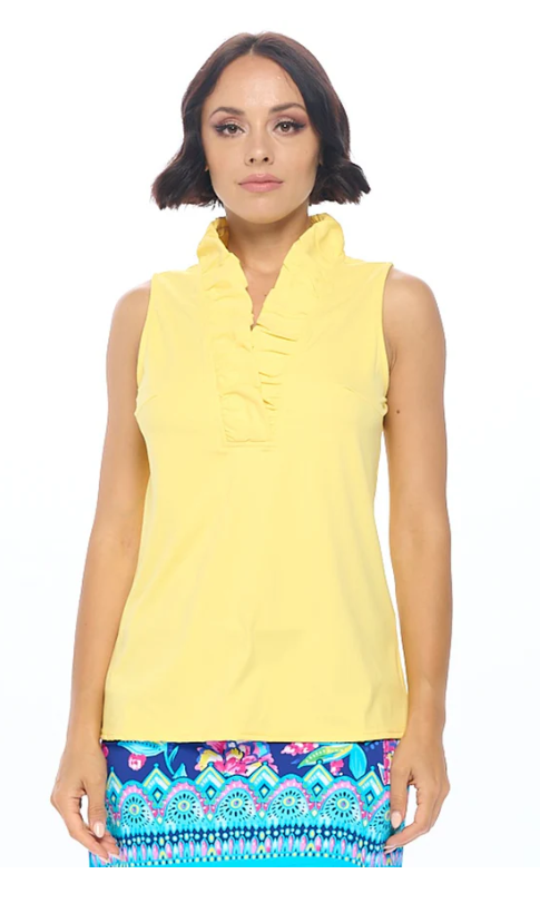 Evelyn Ruffle Neckline Top (Solid-Yellow)